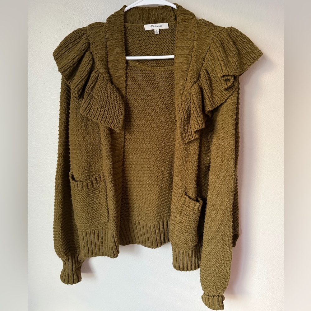 Madewell Ruffle Cardigan Sweater in Golden Spinach Women’s Small Cottagecore - Picture 3 of 6
